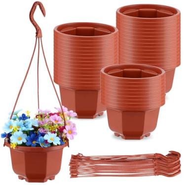 Imagem de Roshtia 24 peças de vaso de plástico para pendurar com gancho, vasos de flores, cestos, suporte para berçário para jardim de plantas internas ao ar livre (marrom, 15 cm)