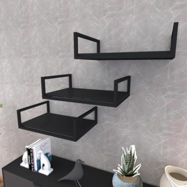 Imagem de Prateleira Industrial Suspensa Estante Parede Nicho Preto Ferro E Madeira Suporte Pratileira