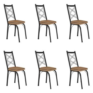Imagem de Kit 6 Cadeiras De Cozinha Delaware Estampado Rattan Bege Pés De Ferro Preto