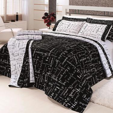Imagem de Kit Edredom Te Amo Queen 5 Peças Dupla Face 100% Algodão Percal 150 Fios - Preto-branco