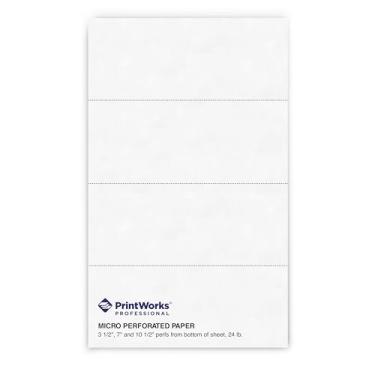 Imagem de PrintWorks Professional Papel perfurado para declarações, faturas, certificados de presente, cupons e mais, 8,5 x 35,8 kg, 3 perfis horizontais 8,8 cm, 17,7 cm e 26,3 cm da parte inferior, 2500 folhas, branco (04177)