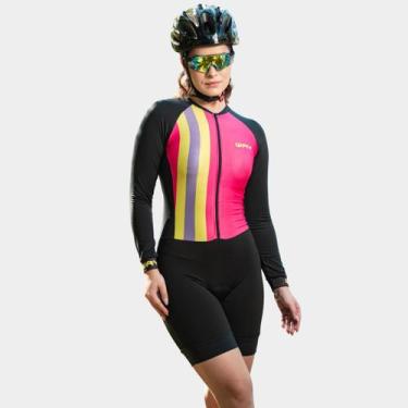 Imagem de Macaquinho de Ciclismo Feminino Forro Espuma Manga Longa Proteção Uv R