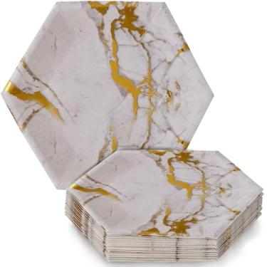 Imagem de Pratos de papel com design de mármore | Pratos de jantar hexagonais | Pratos de casamento extravagantes | Coleção de mármore | 26 cm | 18 peças | Prata