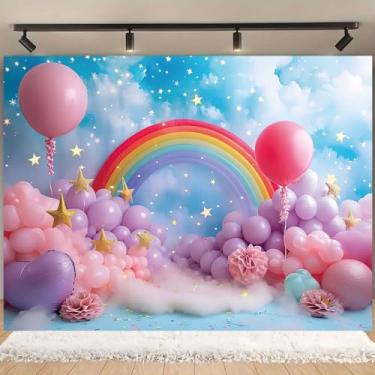 Imagem de Pano de fundo colorido arco-íris nuvem balão fundo de aniversário menina bolo esmagamento fundo de retrato infantil faixa de festa bolo esmagamento pano de fundo para decoração de retrato infantil