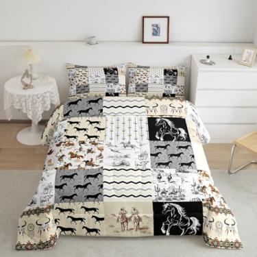 Imagem de Feelyou Conjunto de edredom Queen com caveira de touro ocidental, asteca do sudoeste, boho, cavalo, caubói, étnico, boêmio, adolescentes, 3 peças