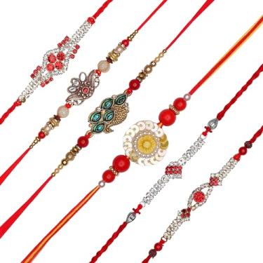 Imagem de Conjunto de 6 pulseiras de fio Rakhi para irmão para Bhai Bhabhi Bhaiya veera Raksha Bandhan Dora conjunto de pulseiras com pacote de cartão de presente Rakhi para irmão irmã indiano tradicional