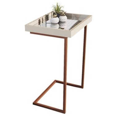 Imagem de Mesa Lateral Espelhada com Pés de Ferro Apoio Sala Sofá Moderna Decoração Resistente e Elegante (Pérola/Bronze)