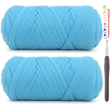 Imagem de Pacote com 2 camisetas para crochê, camiseta azul lago, tecido elástico grosso, fio de crochê para iniciantes, bolsa de tricô à mão, cesta, porta-copos, artesanato faça você mesmo, decoração de casa