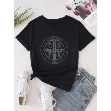Imagem de Camiseta Feminina Católica com Medalha de São Bento - Gola Redonda - E
