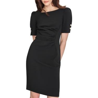 Imagem de DKNY Vestido feminino com botões e manga curta franzido, Preto, 40