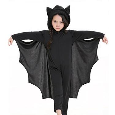 Imagem de Fantasia de morcego de vampiro unissex para crianças, macacão fantasia de cosplay de Halloween, fantasia de animal de festa, seção longa, com luvas (G) preta