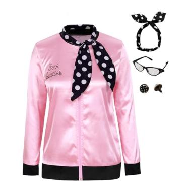 Imagem de KASOYA Jaqueta feminina de cetim rosa anos 1950 para cosplay de Halloween com cachecol no pescoço, Rosa + preto, 3G