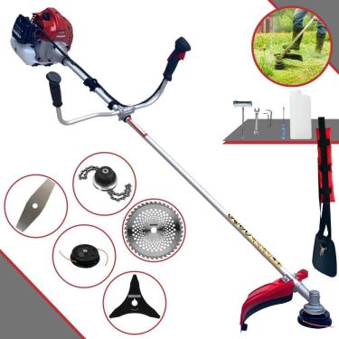 Imagem de Podador de Cortar Grama Kawashima BCJ431-L À Gasolina 2T 1,7HP 43cc Com Lâmina Facão + Lâmina 3 Pontas + Disco 40 Dentes + Trimmer + Carretel de Nylon