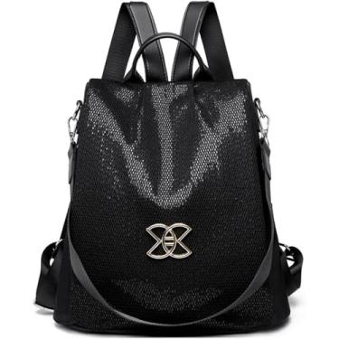 Imagem de Mochila Feminina à Prova D'água Antifurto Leve Pu Moda Viagem Multiuso Conversível Bolsa De Ombro Bolsa Bolsa Mochila, Sequins Black