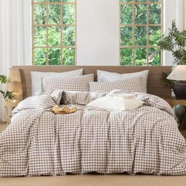 Imagem de MooMee Conjunto de capa de edredom Gingham 100% algodão lavado, linho, texturizado, respirável, durável, macio, confortável, moderno, design xadrez (marrom guingão, solteiro 172,7 x 228,6 cm)