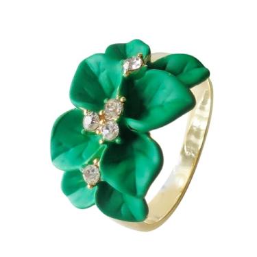 Imagem de Navachi Anel de flor de folhas de esmalte de cristal transparente banhado a ouro 18 k, 11, Zinco Zinco Esmalte, Cristal