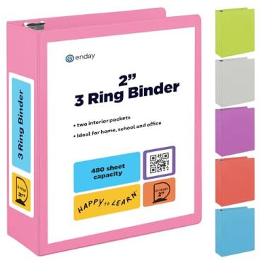 Imagem de Fichário com 3 argolas de 5 cm, rosa, anel em D inclinado de 5 cm, capa transparente com 2 bolsos internos, material escolar colorido resistente, fichário de escritório e casa – por Enday