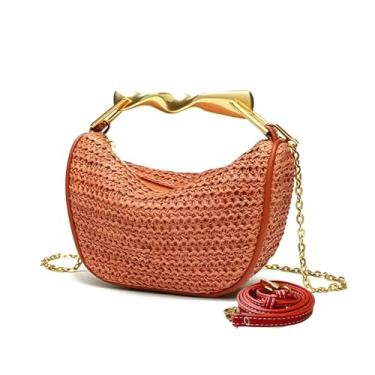 Imagem de Sacolas de palha para mulheres, bolsas transversais de tecido, feitas à mão, bolsas de ombro modernas, bolsas de ombro com duas alças, Vermelho tijolo