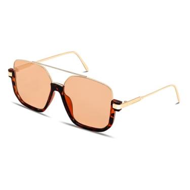 Imagem de GUVIVI Óculos de sol aviador retrô grandes para mulheres e homens, óculos de sol piloto quadrado ponte dupla anos 70 óculos de sol modernos, Armação de leopardo dourado - Lente marrom claro, oversize