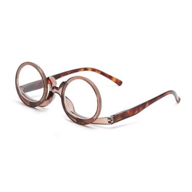 Imagem de OREUDO Óculos de maquiagem para mulheres e homens, lentes HD flip down para delineador, rímel, leitura, assistir TV – Armação de plástico leve com estojo e pano (marrom café, 3 X)