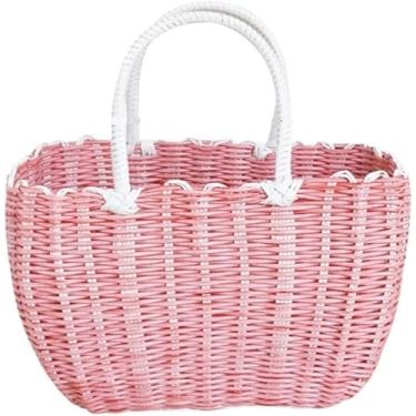 Imagem de Cesta De Piquenique De Vime, Cesta De Vegetais Portátil, Cesta De Compras Tecida, Cesta De Frutas De Armazenamento Artesanal De Vime De Plástico, Cesta De Piquenique, Cesta D, Pink, 34 * 24cm