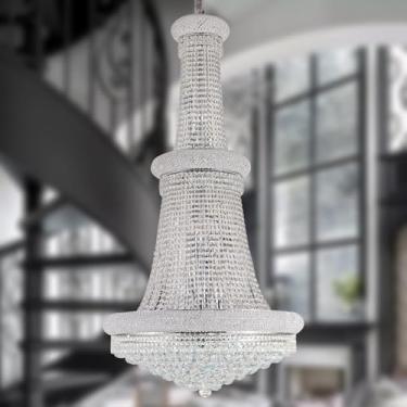 Imagem de BEIRIO 18 luzes 3 camadas grande cromado estilo império clássico K9 lustre de bola de cristal luminária decorativa para teto alto sala de estar entrada escada (D27,6 x A59 polegadas)