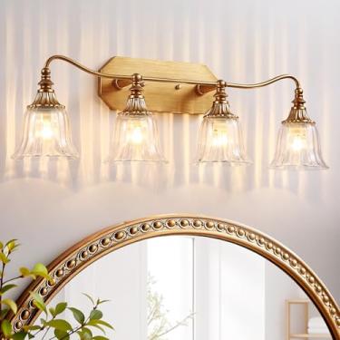 Imagem de Luminária dourada para banheiro com 4 luzes, acabamento em latão antigo fosco com sombra de vidro cristal, luminária vintage dourada para banheiros