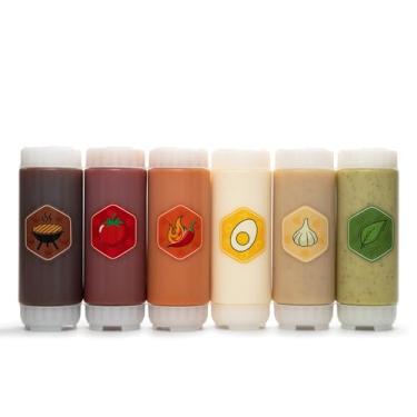 Imagem de Brenium Garrafa de apertar FIFO recarregável de 510 g para ketchup e molho de tomate – Dispensador de condimentos de plástico sem BPA com tampa branca de torção, bocal antigotejamento para molhos