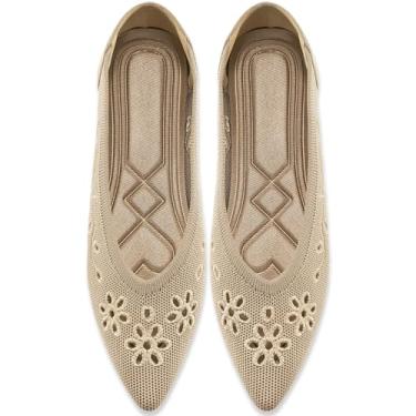 Imagem de Sapatilhas para mulheres sapatilhas de balé: confortável malha bico fino elegante trabalho sapatilha feminina respirável floral ilhós para escritório namoro, Bege, 35