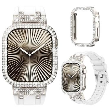 Imagem de NewWays Pulseira feminina de silicone para Apple Watch Série 11 10 de 42 mm, designer de luxo, diamantes brilhantes de 2 fileiras com adaptadores de metal para S11 S10, pulseiras iwatch