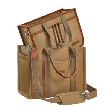Imagem de BESBESME Bolsa feminina de lona com zíper e compartimentos – Bolsa tiracolo tiracolo com vários bolsos para laptop, Marrom, Large, Organizador destacável