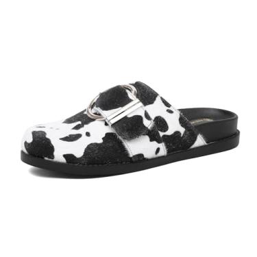 Imagem de NEWBELLA Sapatilhas femininas plataforma – Lonas de pelo sintético de leopardo com fivela de metal, tamancos de bico redondo com suporte de arco para uso casual, Oncinha branco, 37