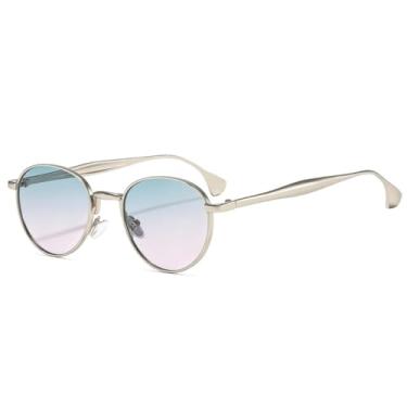 Imagem de Óculos de sol retrô de metal redondo punk masculino, óculos de sol com proteção UV400, tendência da moda, gradiente, feminino (prata, verde e rosa)