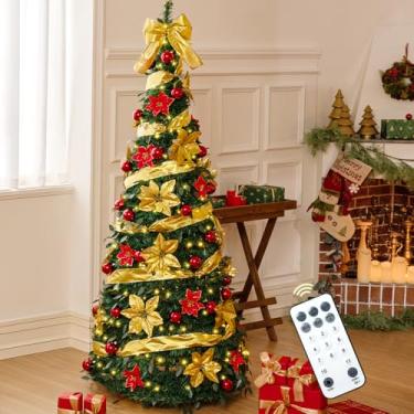 Imagem de Árvore de Natal Prelit de 1,8 m com temporizador remoto, totalmente pré-decorada, 300 luzes coloridas e 11 modos, 1 fita surround, 40 bolas, 35 flores, árvore dobrável de fácil configuração para
