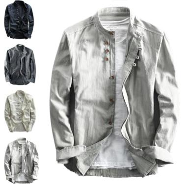 Imagem de Camisa Masculina Katana Japan Style, Camisa Masculina De Algodão Linho Com Gola Trespassada, Camisas Chinesas De Colarinho Para Homens, Grey, 5XL