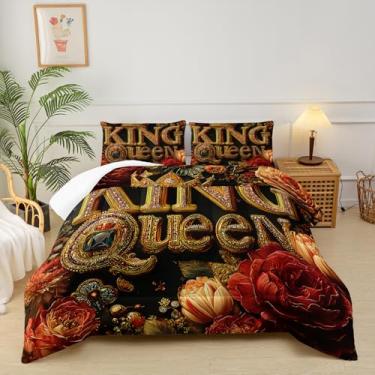 Imagem de lneffble Conjunto de edredom King e Queen, preto e dourado, conjunto de cama king e Queen, floral vermelho, tamanho king, com 1 edredom com 2 fronhas