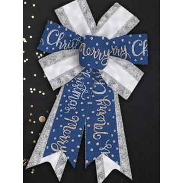 Imagem de 2 peças de laços de guirlanda de Natal, laços de glitter de prata para guirlanda, laço de decoração de ponto de Natal para porta da frente, arcos de topo de árvore azul para decoração de inverno, ano