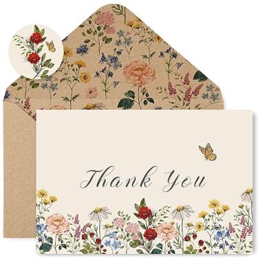 Imagem de ChicRosa Pacote com 24 cartões de agradecimento de flores silvestres a granel vintage cartões de felicitações com envelope kraft adesivos retrô florais em branco para aniversário, casamento, chá de