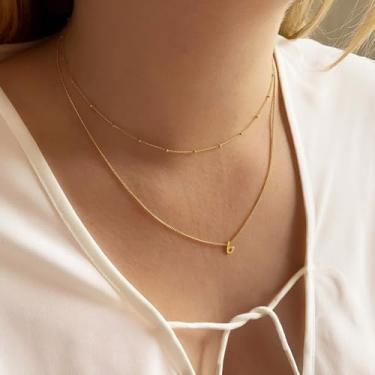 Imagem de Colar com pingente de inicial personalizado com iniciais a-z, corrente de camada dupla, comprimento ajustável de 36 + 40 + 5 cm, minimalista para mulheres, 14+2in/16+2in, Aço inoxidável, Sem Pedra