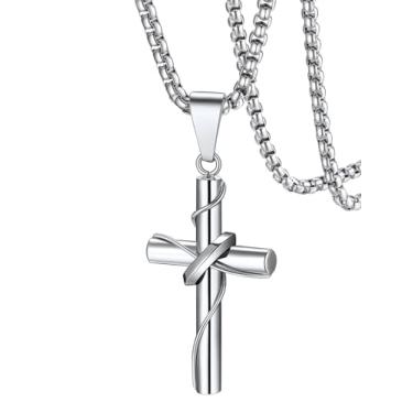 Imagem de FaithHeart Colar masculino com cruz de aço inoxidável, prata/preto/dourado, colares de amuletos religiosos, presentes cristãos para papai, 48mm * 20.8mm, Aço inoxidável, Sem Pedra Preciosa