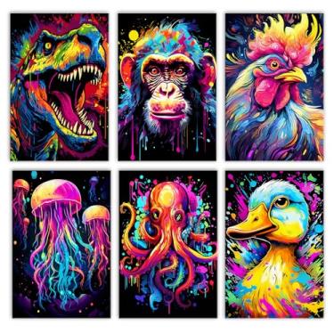 Imagem de Kit de pintura por números de animais graffiti para adultos, dinossauro macaco galo, pacote com 6, kits de pintura por números para iniciantes acrílico sobre tela, kit de pintura a óleo faça você