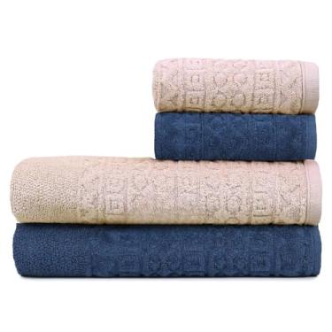 Imagem de Toalha de Banho Gigante, Jogo/Kit 4 Toalhas (2 Banho + 2 Rosto) Macia Algodão Luxo Barra Aveludada Alta Absorção(Marinho + Rosada)