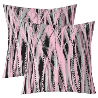 Imagem de jejeloiu Capas de almofada geométricas pretas e rosa 50,8 cm x 50,8 cm, conjunto de 2 capas de almofada geométricas listradas e curvas, fronhas de decoração de arte moderna, poliéster (sem enchimento