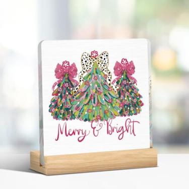 Imagem de Decoração de casa de parede rosa feliz e brilhante placa de coquete de árvore de Natal, decoração de casa de escritório para prateleira de mesa de mesa 10 x 10 cm