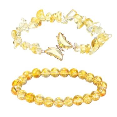 Imagem de PATIKIL Pulseiras de cristal para mulheres, 2 peças, pulseira de contas de ametista natural com pingente de borboleta elástica para presentes de amizade para casais, amarelo