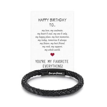 Imagem de Pulseira masculina trançada de couro genuíno para presente para homens, pai, marido, namorado, filho, neto, irmão, sobrinho, tio, preto, aço inoxidável, gravada com Love You Forever, joia 19,5 | 22,5