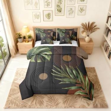 Imagem de Erosebridal Conjunto de edredom King boêmio preto verde e marrom com lençóis, abstrato, meados do século, simples, 7 peças, folhas tropicais retrô em uma bolsa, moderno, minimalista, estética