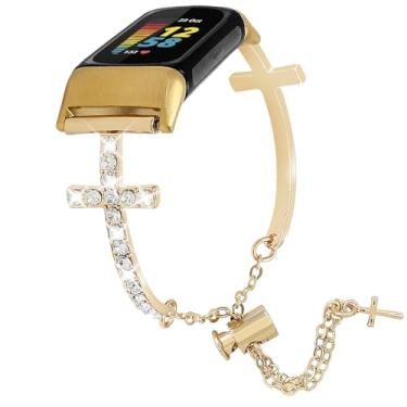 Imagem de REALSIGN Pulseira feminina com cruz brilhante compatível com Fitbit Charge 6/Charge 5, pulseira de metal brilhante e diamante brilhante para rastreador de atividades físicas (dourada)