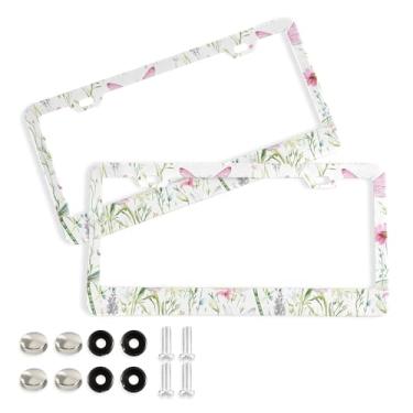 Imagem de SEHANY Molduras de placa de licença de flores florais coloridas, capas de moldura de placa de carro de alumínio à prova de ferrugem com orifícios elípticos e parafusos serve para veículos padrão dos