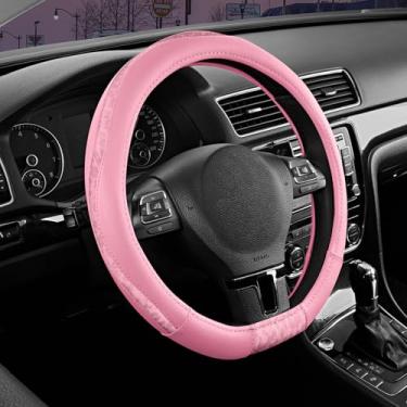 Imagem de Road Comforts Capa de volante tipo D - feita com couro PVC e tecido leopardo - ajuste universal para volantes automotivos em forma de D de 38 cm (toda rosa)